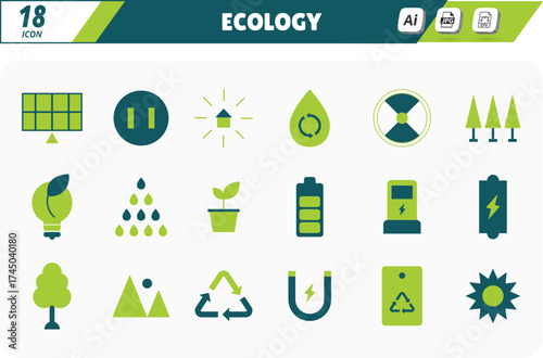 Ecology and features various symbols such as a tree, a house, a car, and a battery. Vector Illustration