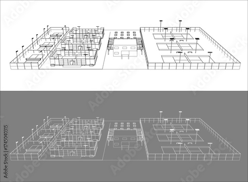 Isometric line drawing of a modern multi-sport complex featuring tennis, padel, and pickleball courts