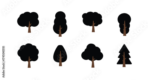 Eighth tree silhouettes vector set palm deciduous conifer flat black icons.  Stylised tree silhouettes set grid vector icons for logos nature, 