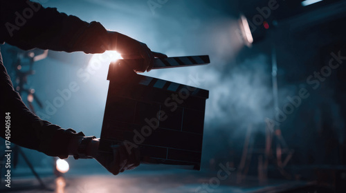 Film clapperboard in action, symbolizing start cinematic journey. Smoky background, dramatic effect, filmmaking process. Silhouette scene. Lights illuminate setup, movie production video creativity.