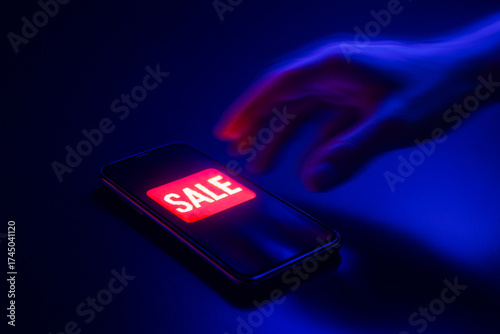 A vibrant 'SALE' notification is glowing on the screen. A motion blur effect of a hand quickly reaching for the phone creates a sense of urgency.