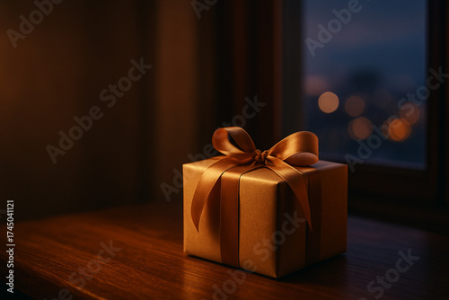 A beautifully wrapped gift box with a elegant ribbon sits on a wooden table by a window. Outside is a blurry, twilight cityscape.