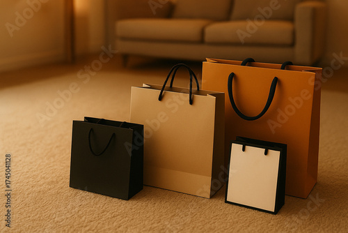 A curated collection of shopping bags from luxury fashion brands. The top and left two-thirds are a clean, empty, soft-focus background of a modern living room.