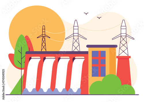 Hydroelectric dam structure with flowing water and power towers water flow electricity generation