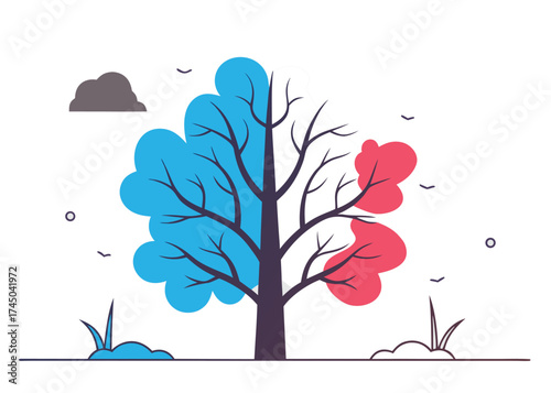 Stylized tree with blue and red foliage and bare branches vector