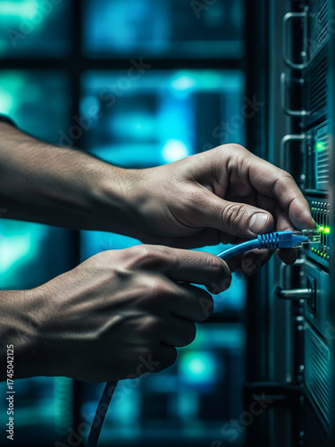 A network engineer's hands connecting a blue Ethernet cable into a server port with a blinking green light in a dark, blue-toned data center