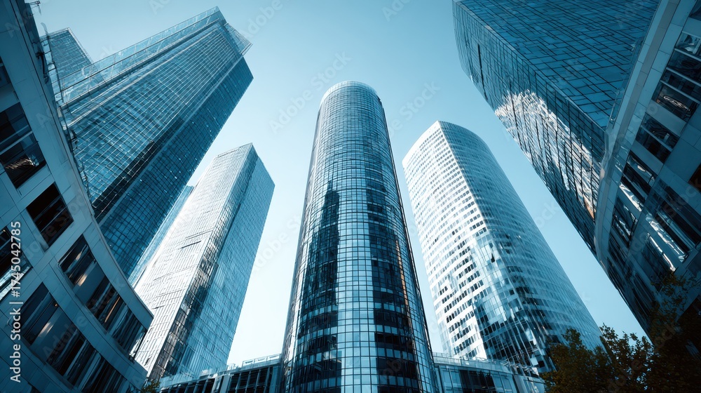 Obraz premium Skyscrapers reaching towards the sky in a modern urban environment.
