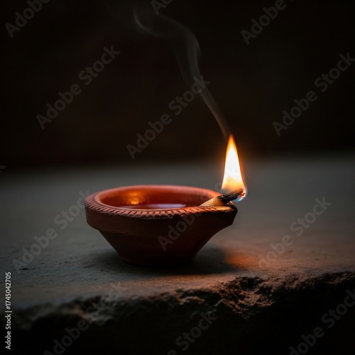 Traditional clay diya lamp with burning flame and smoke, symbolizing light, spirituality, and festive celebration of Diwali.