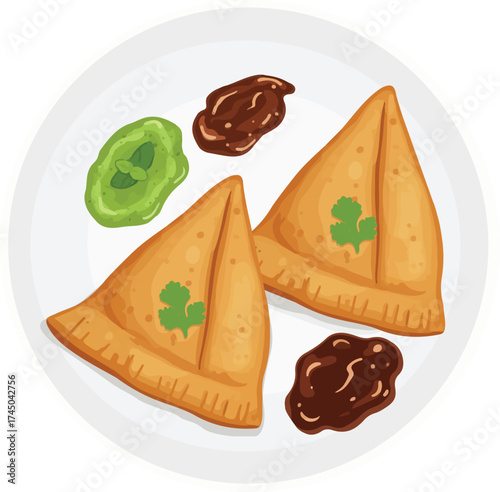 Illustration of Samosas with Chutney on Plate