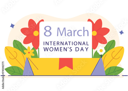 March eighth international womens day celebration with flowers leaves