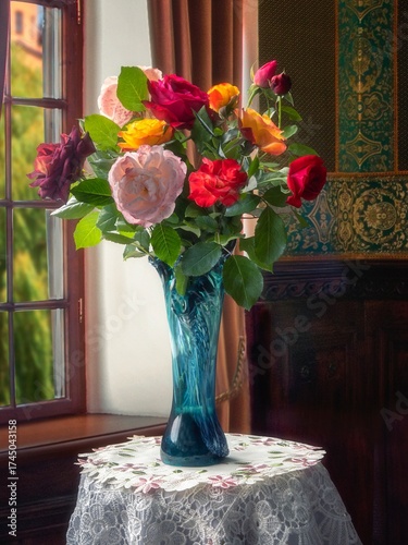 Still life with bouquet of garden roses