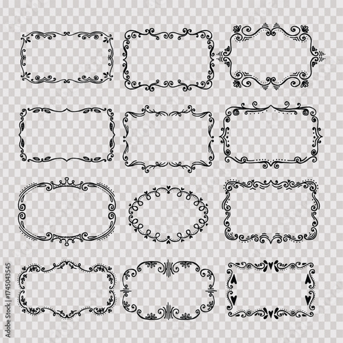 Hand-drawn vector frames and borders set, featuring vintage, floral, swirl, and ornate doodle decorative elements for your retro illustration and banner designs
