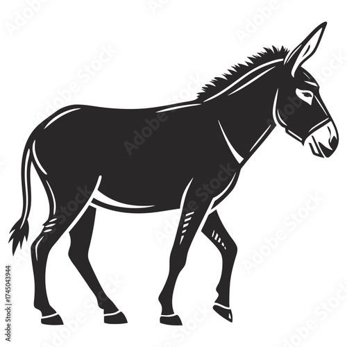 Donkey Silhouette Side Profile, and Donkey Vector Icon Black Silhouette Illustration of standing White Background.