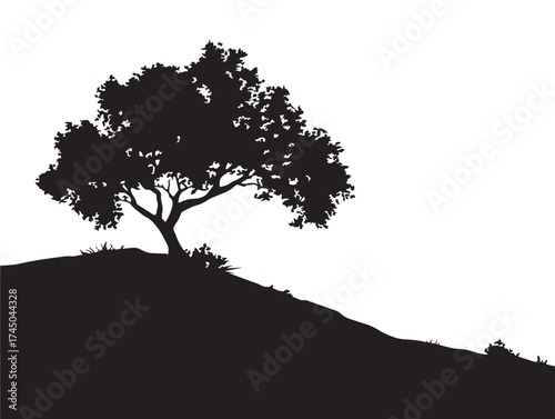 Tree On Hilltop Silhouette 2D Vector Line Art Illustration