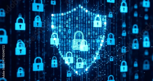 Digital security concept featuring a shield with padlocks and binary code