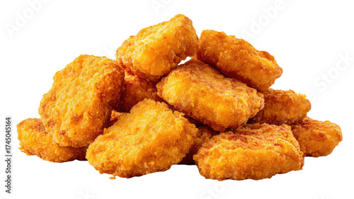 Golden brown crispy chicken nuggets served on plate showing delicious fried snack and fast food meal isolated on white background