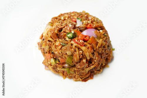 Sri Lankan Spicy Kottu Roti on White Plate. food photography. 