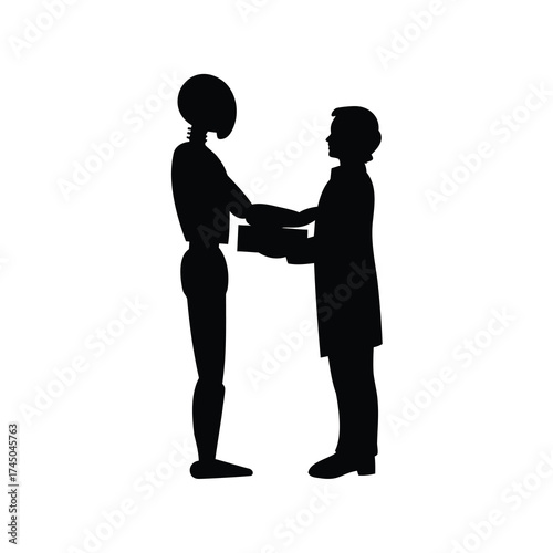 Silhouette of humanoid robot and human exchanging a square object of significance