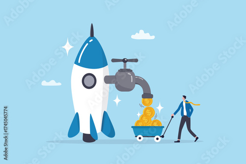 Monetize or make money, revenue or profit, earn money from product and service, sale or marketing, startup company opportunity, businessman entrepreneur make dollar coins money from rocket project.