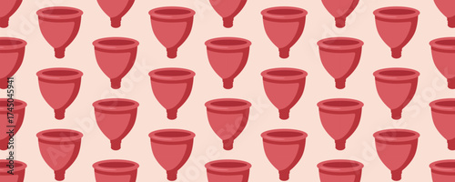 Women’s period seamless pattern with a menstrual cup illustration in a pink color palette. Women’s health, menstruation, and gynecology theme for marketing materials and posters