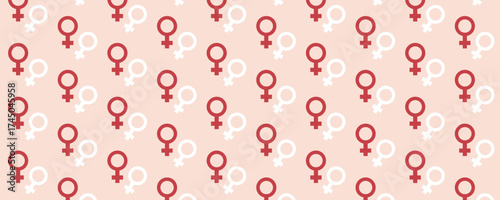 Seamless pattern featuring a female gender symbol illustration. Women’s rights, feminism, and health theme for banners, posters, and marketing materials