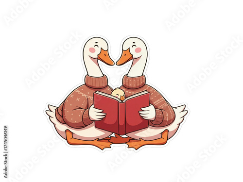 Two geese in sweaters reading a book together