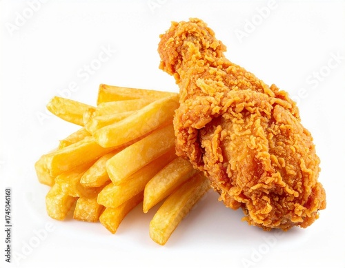Delicious crispy fried chicken drumstick serving with golden french fries