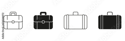 Briefcase And Suitcase Line And Solid Icon Set. Business Travel, Work Essentials, And Professional Gear Outline And Silhouette Symbol Collection. Luggage Icon. Isolated Vector Illustration