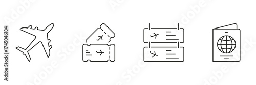 Airplane, Tickets, And Passport Line Icon Set. Travel Planning, Flight Booking, And International Journey Outline Symbols. Essential Travel Documents. Editable Stroke. Isolated Vector Illustration