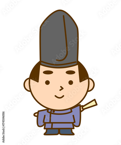 左手の扇子で指さしをする平安時代の貴族の男性イラスト　かわいい和風キャラクター素材