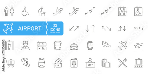 Airport Facilities And Navigation Line Icon Set. Travel, Security, And Transportation Outline Symbol. Includes Accessibility, Directions, And Services. Editable Stroke. Isolated Vector Illustration
