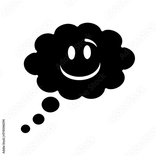 Black and white illustration of a happy face inside a thought bubble