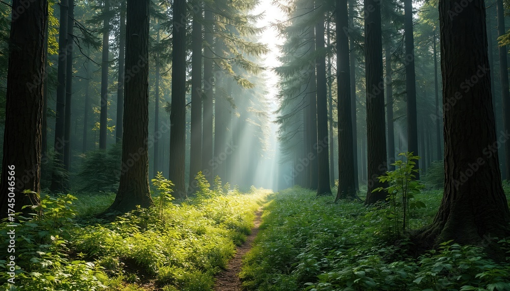 Obraz premium Forest scene with sunlight through tall trees. Path leads into the woods surrounded by rich greenery. Bright light beams down on the way. Peaceful nature landscape.