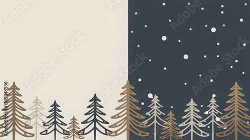 Christmas card with gold foil forest falling snow navy background and off white message panel