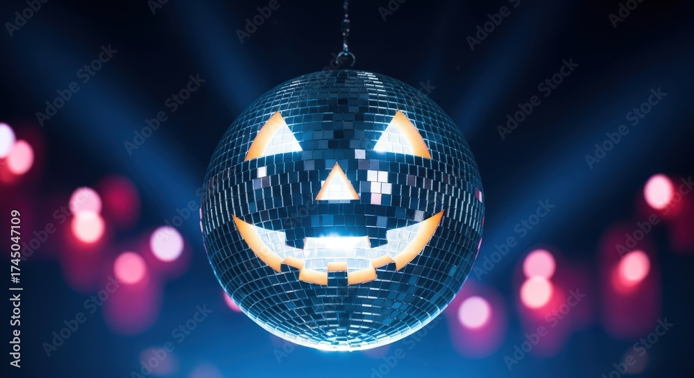 Obraz premium Halloween disco ball with a carved jackolantern face, glowing in the dark