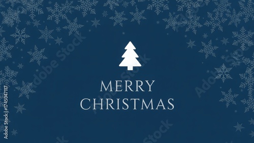 Minimalist navy christmas card with white snowflakes elegant tree icon and serif merry christmas text