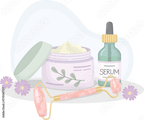 Composition of cosmetic products and tool in pastel colors. Rose quartz facial roller, serum, face cream and flowers