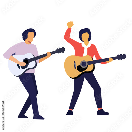 Two men playing guitar. Musicians performance. Flat illustration for music event, concert, song writing or entertainment concept.
