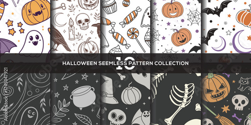 Halloween seamless pattern collection spooky pumpkins bats ghosts candy skull spider web vector design