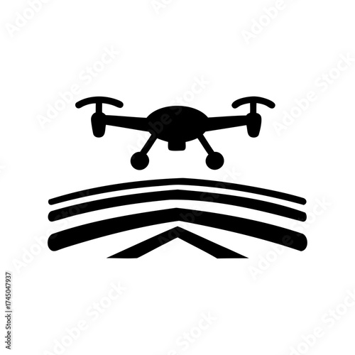 Black and white representation of a drone flying over agricultural fields.