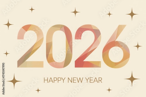 Modern 2026 new year card with geometric watercolor gradient numbers gold foil text and subtle star accents on cream background
