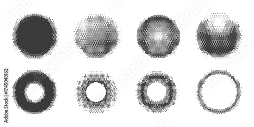 Pixel circles with halftone effect. Bitmap aesthetic round shapes for trendy 2000s design. Digital abstract radial figures. Vector geometric graphic with dither gradation on white background