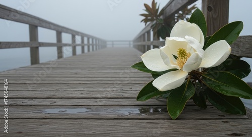 large flower - A large white flower rests on a wooden dock, surrounded by lush green leaves. The scene is enveloped in mist, creating a calm, serene atmosphere over the water