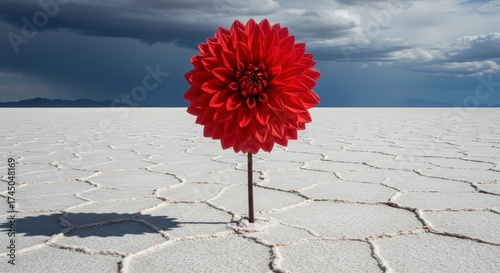 large flower - A vibrant red dahlia flower stands tall amidst a stark, cracked salt flat under a dramatic sky, which hints at an impending storm. The contrast creates a surreal scene