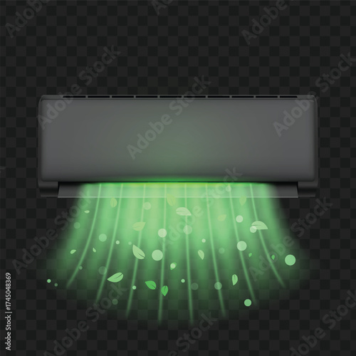 Clean fresh air flow with glow green stream with leaves from black air conditioner, vector climate control, split system
