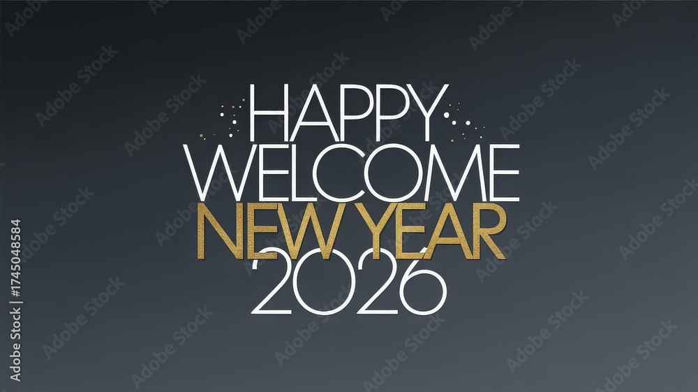 Obraz premium Modern minimalist new year design with white geometric text gold script and star-like dots on gradient background