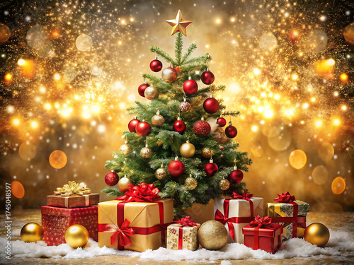 A beautifully decorated christmas tree with red and gold ornaments and presents underneath