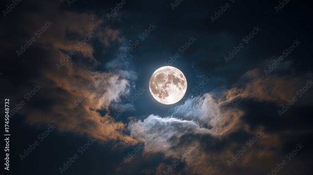 Fototapeta premium Full moon shining brightly through the clouds in the dark night sky.