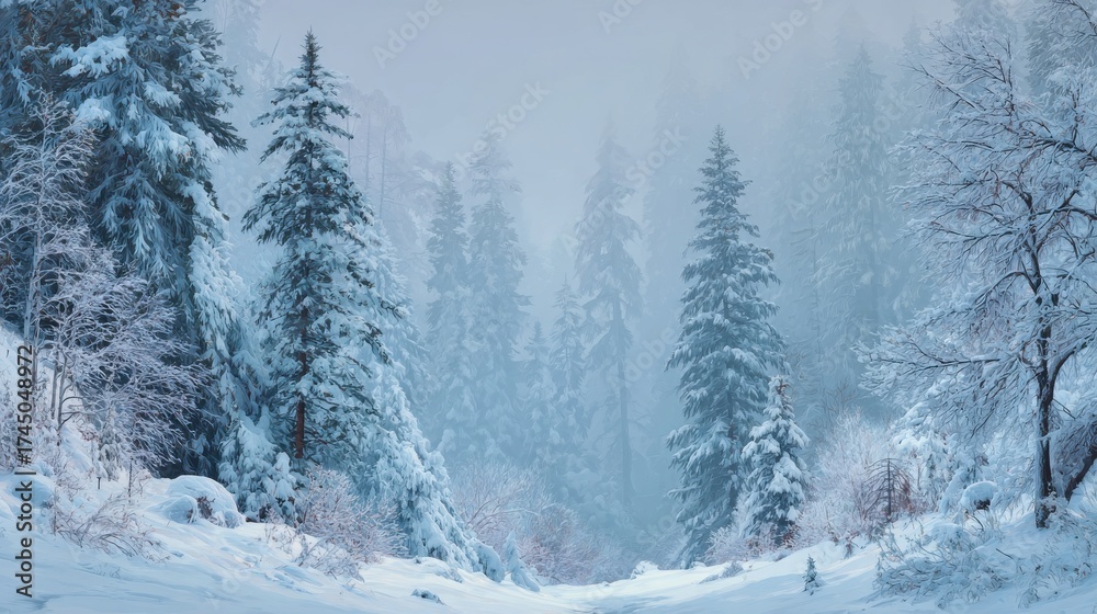 Naklejka premium Snowy forest landscape with tall pine trees covered in snow and ice.
