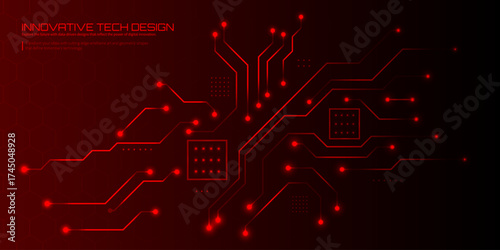 Futuristic Red Circuit Board with Glowing Digital Patterns and Geometric Design